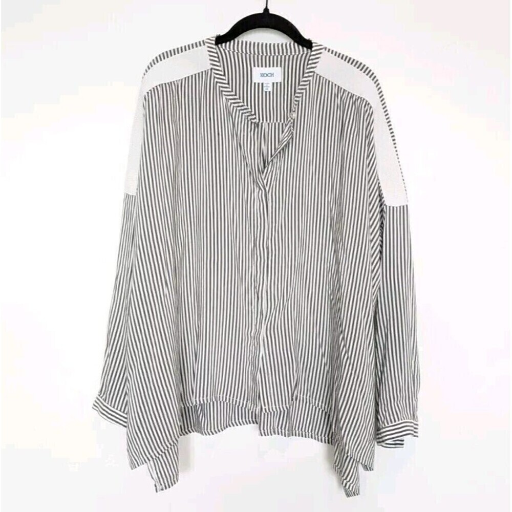 Koch Leonardo Top Womens Size XS Gray White Striped Long Sleeve Oversize Patches